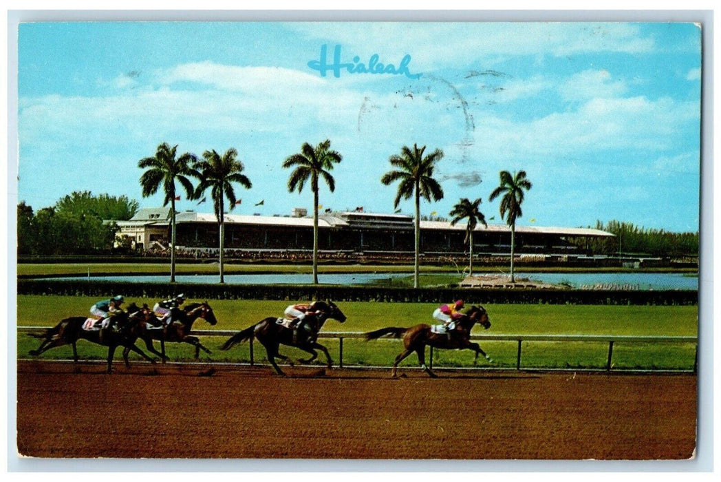 1960 Thrilling Horse Race At Hialeah Racecourse Miami Florida FL Postcard