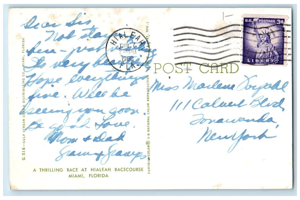 1960 Thrilling Horse Race At Hialeah Racecourse Miami Florida FL Postcard