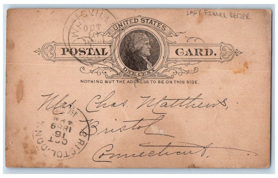 1889 Lady Finger Recipe Bristol Connecticut CT Posted Antique Postcard
