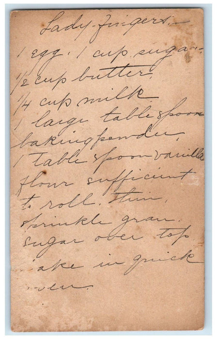 1889 Lady Finger Recipe Bristol Connecticut CT Posted Antique Postcard