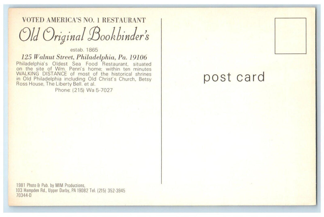 Old Original Bookbinder's Restaurant Dining Room Philadelphia PA Postcard