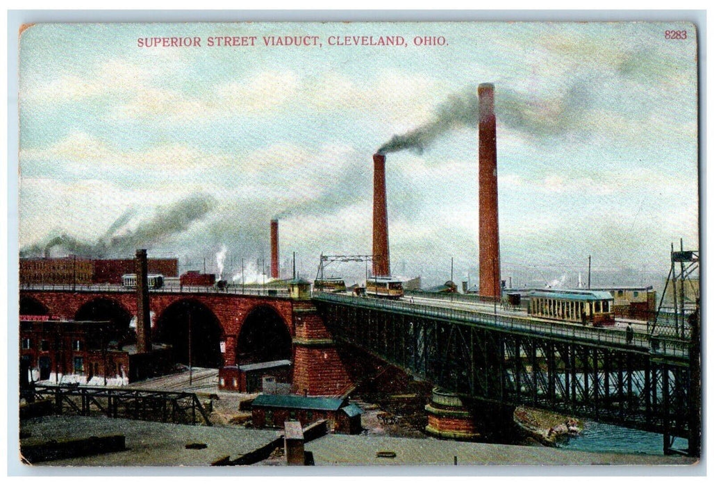 c1910's Superior Street Viaduct Trolley Train Cleveland Ohio OH Antique Postcard