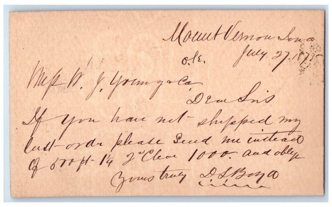 1875 Lumber Order D.L. Boyd WJ Young & Co Mount Vermont Clinton IA Postal Card
