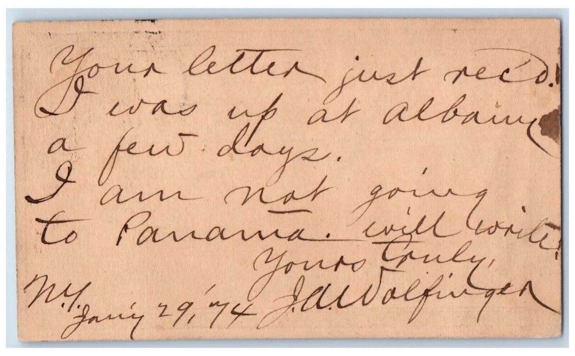1874 Not Going To Panama JA Walfinger NY City NY Leitensburg MD Postal Card