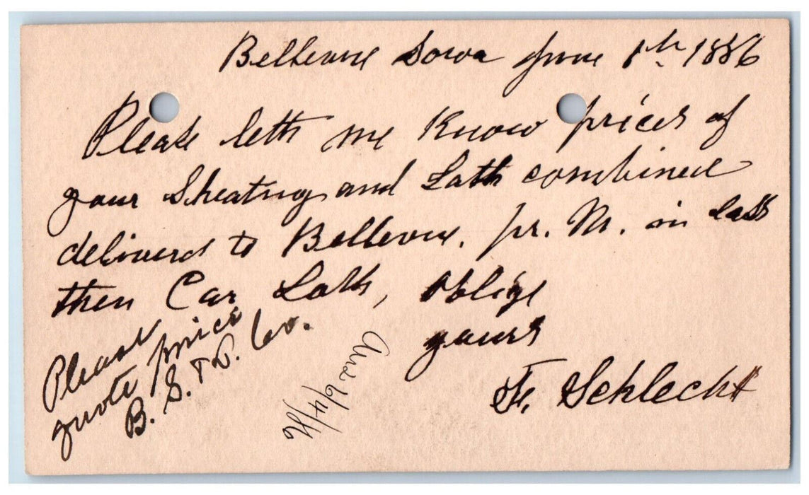 1886 Prices of Four Sheating Bellevue IA Indianapolis IN Postal Card