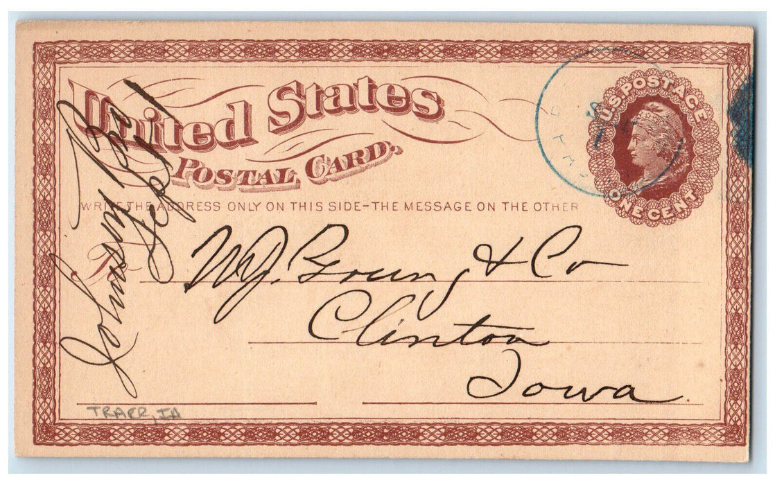 1875 Johnson Bros Lumber Order Traer Iowa IA Clinton IA Posted Postal Card