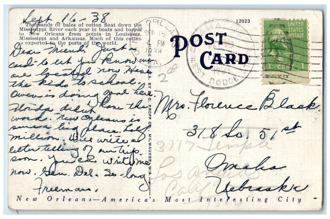 1938 Boat Loaded With Cotton Bales As It Used To Be New Orleans LA Postcard