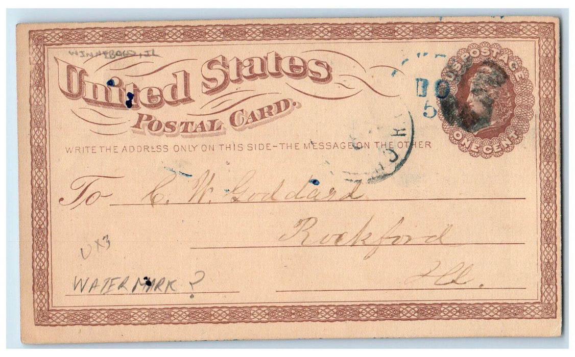 c1880's PV James to Elgin Letter Winnebago Illinois IL Rockford IL Postal Card
