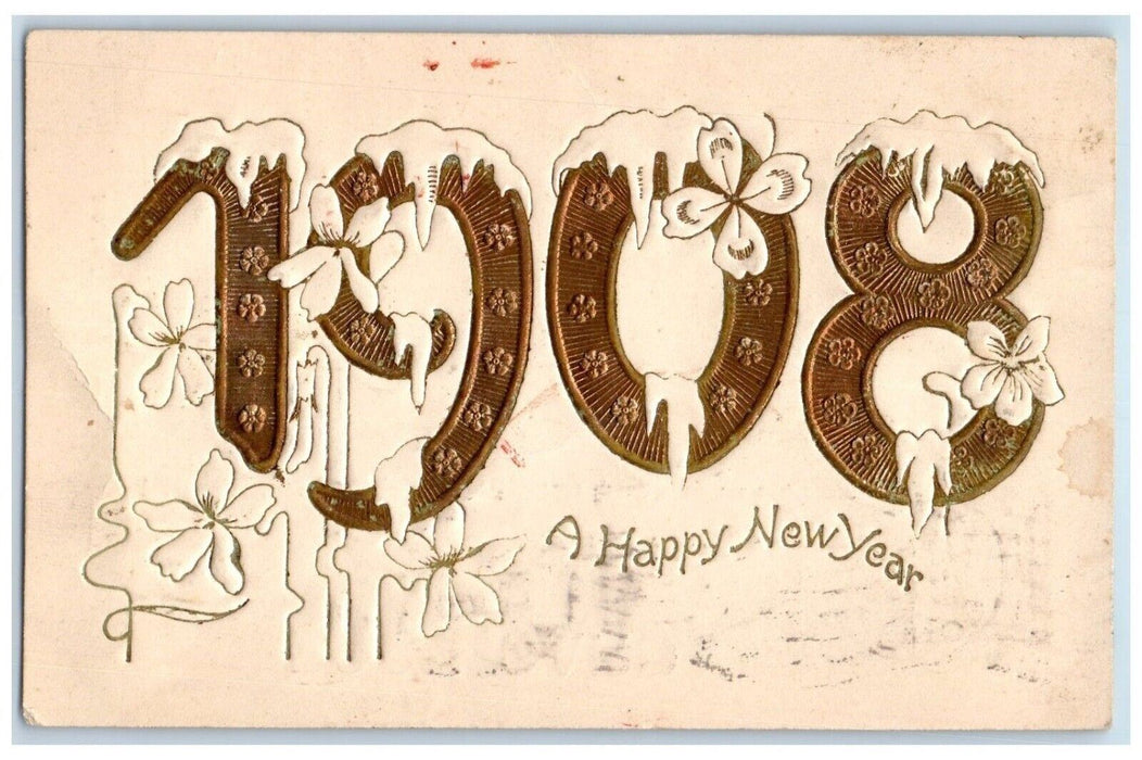 1908 New Year Flowers Winter Large Numbers Embossed Shamokin PA Antique Postcard