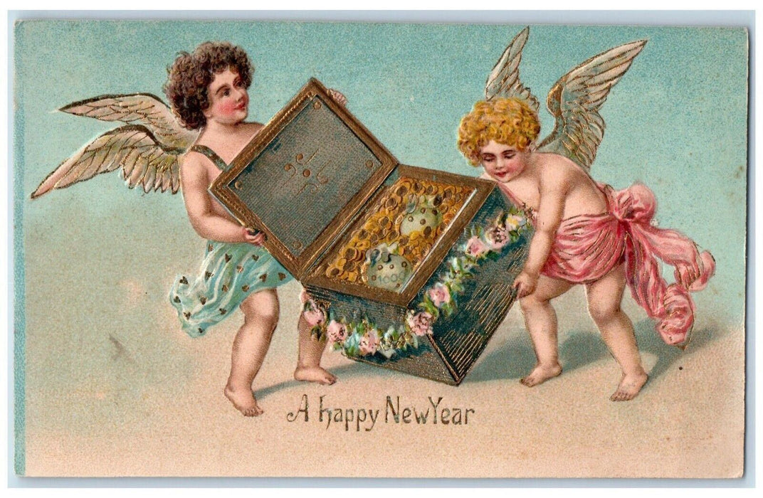 1907 Happy New Year Angels Cherub Box Treasure Chest New Haven CT Postcard