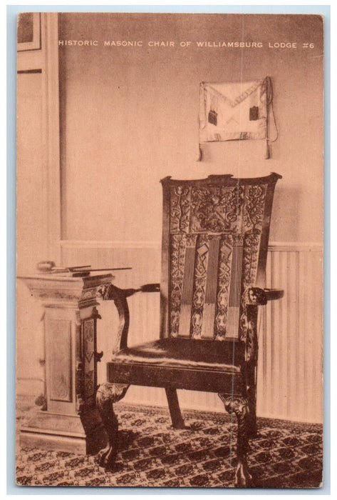 c1940's Historic Masonic Chair of Williamsburg Lodge Virginia VA Postcard