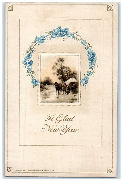 c1910's New Year Horse Winter Flowers John Winsch Artist Signed Antique Postcard