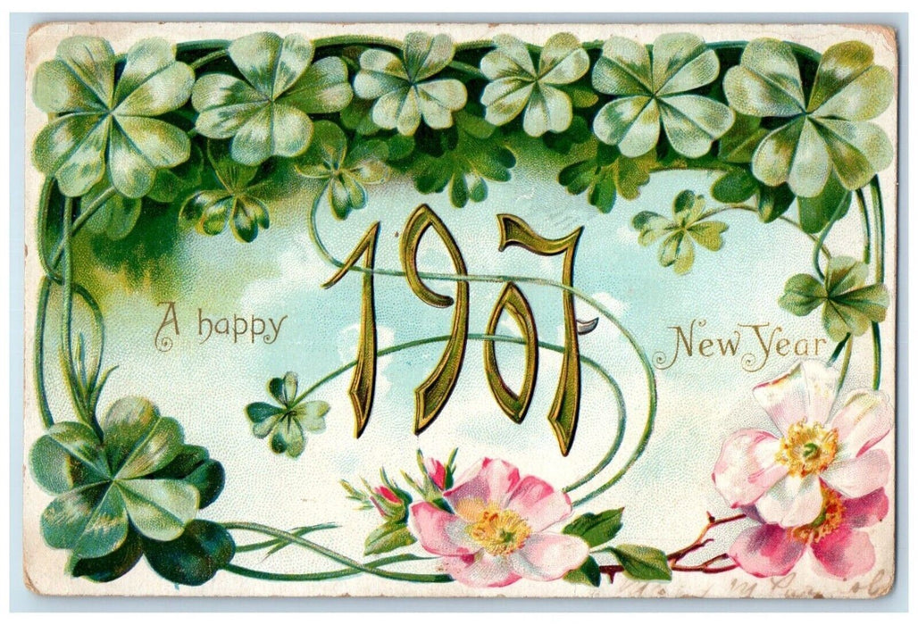 1907 Happy New Year Shamrock Clover Flowers Embossed Antique Posted Postcard