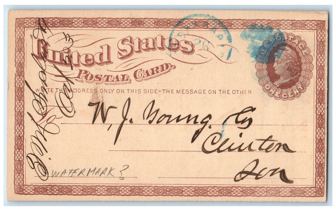 1875 T.M. Sinclair & Co. Pork Packers Cedar Rapids Clinton IA Postal Card