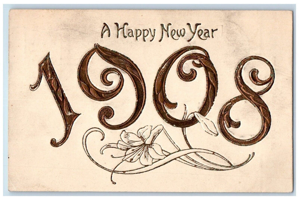 1908 New Year Lily Flower Large Numbers Embossed Buffalo New York NY Postcard