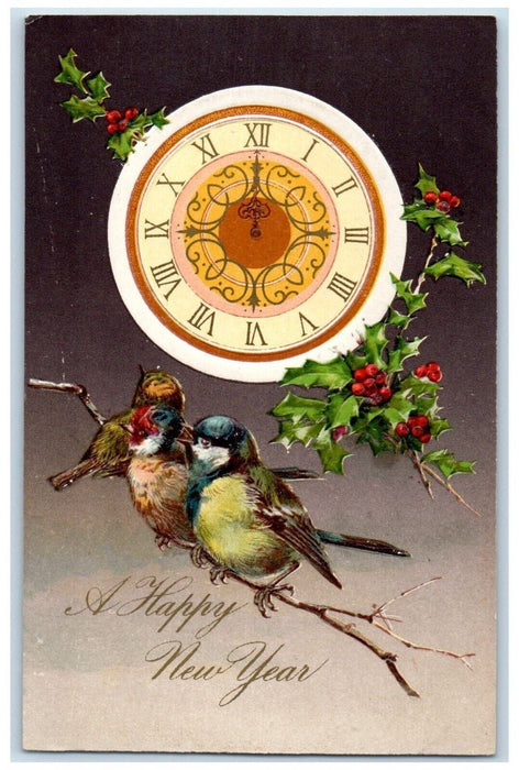 1909 New Year Birds Clock Holly Berries Washington Depot CT Antique Postcard