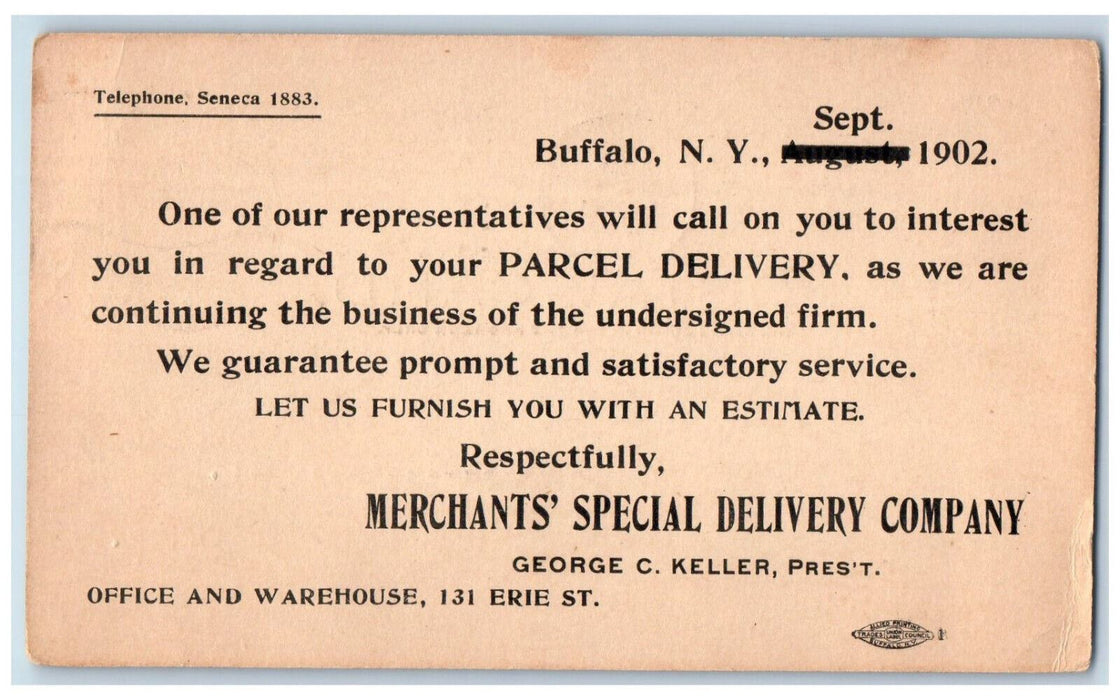 1902 Merchant's Special Delivery Company Letter Buffalo New York NY Postcard