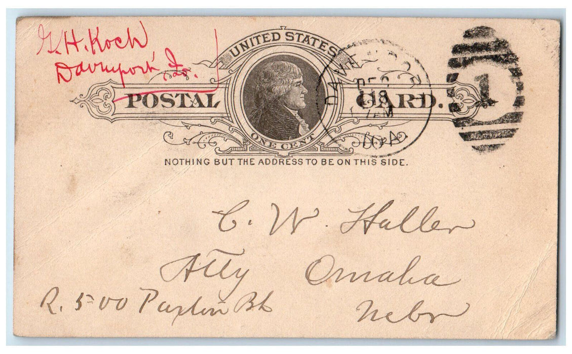 1888 GH Koch CW Haller Davenport Iowa IA Omaha Nebraska NE Postal Card