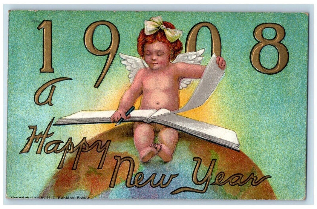 1908 Happy New Year Angel Book Large Numbers Embossed Buffalo NY Postcard