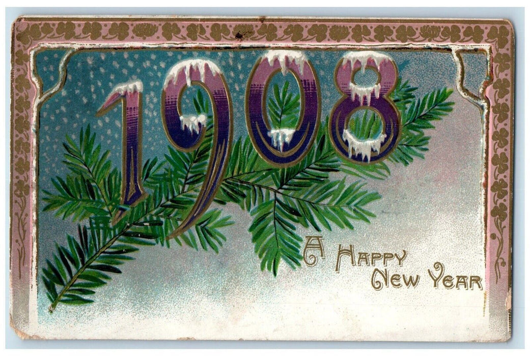 1908 Happy New Year Leaf Winter Snowfall Large Numbers Embossed Antique Postcard