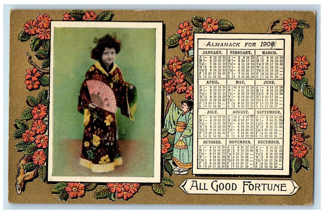 1909 Japanese Kimono Almanack Calendar Flowers Deposit New York NY Postcard