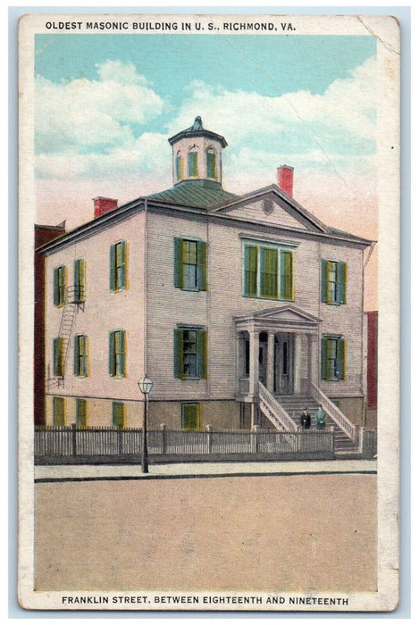 c1930's Oldest Masonic Building Franklin Street Richmond Virginia VA Postcard