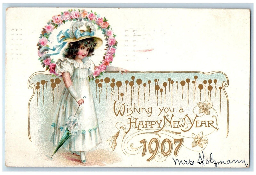 1906 New Year Girl Dress Umbrella Flowers Buffalo New York NY Antique Postcard