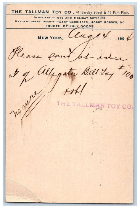 1894 The Tallman Toy Co. Letter 41 Barclay Street New York City NY Postcard