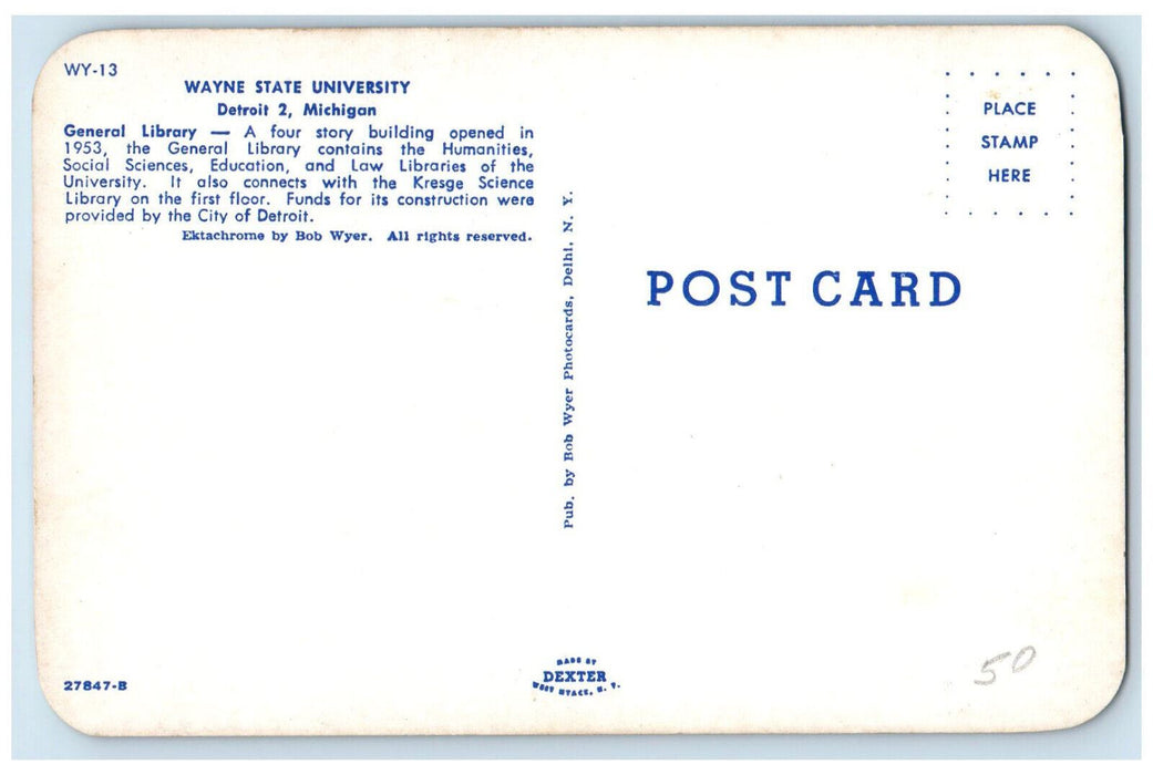 c1960's General Library Wayne State University Detroit 2 Michigan MI Postcard