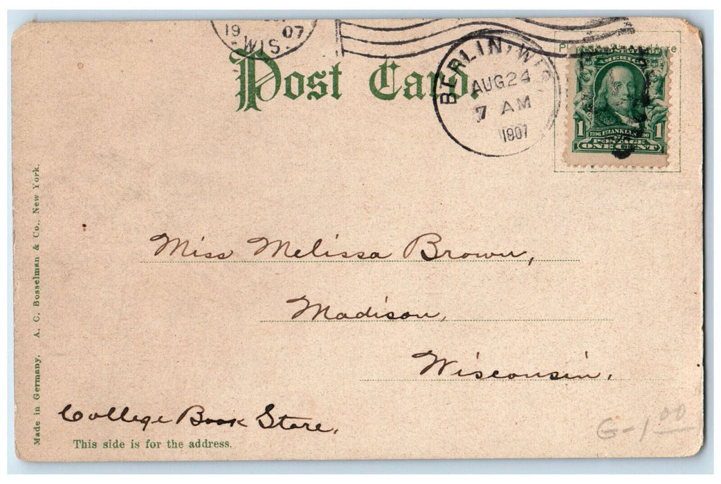 1907 Ripon College Treasurers Office Wisconsin WI Berlin WI Antique Postcard