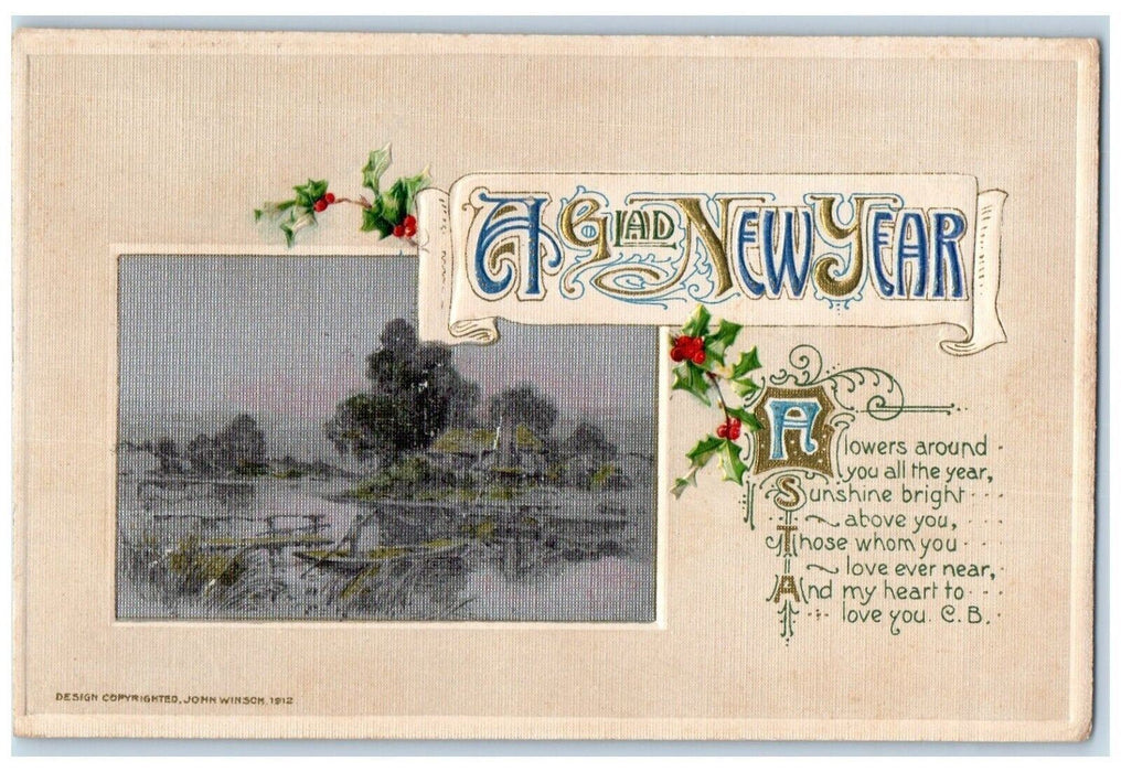 1913 New Year Holly Berries River Boat John Winsch Artist Signed Posted Postcard