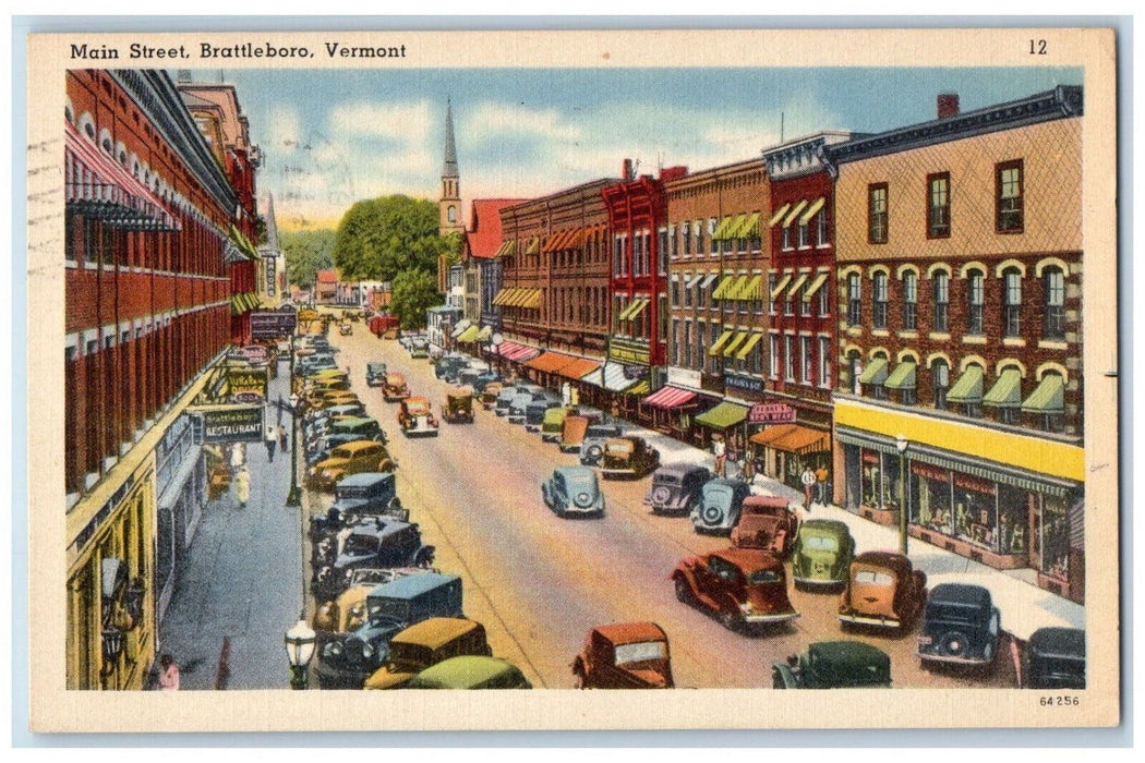 1942 Men's Wear Restaurant Drugstore Main Street Brattleboro Vermont VT Postcard