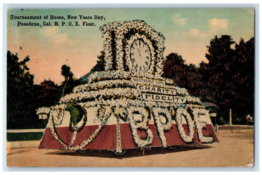 c1910 Tournament of Roses B.P.O.E Clock Float New Years Day Pasadena CA Postcard