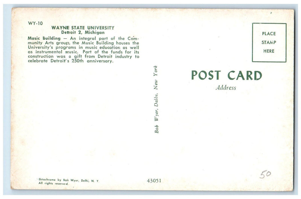 c1960's Music Building Wayne State University Detroit 2 Michigan MI Postcard