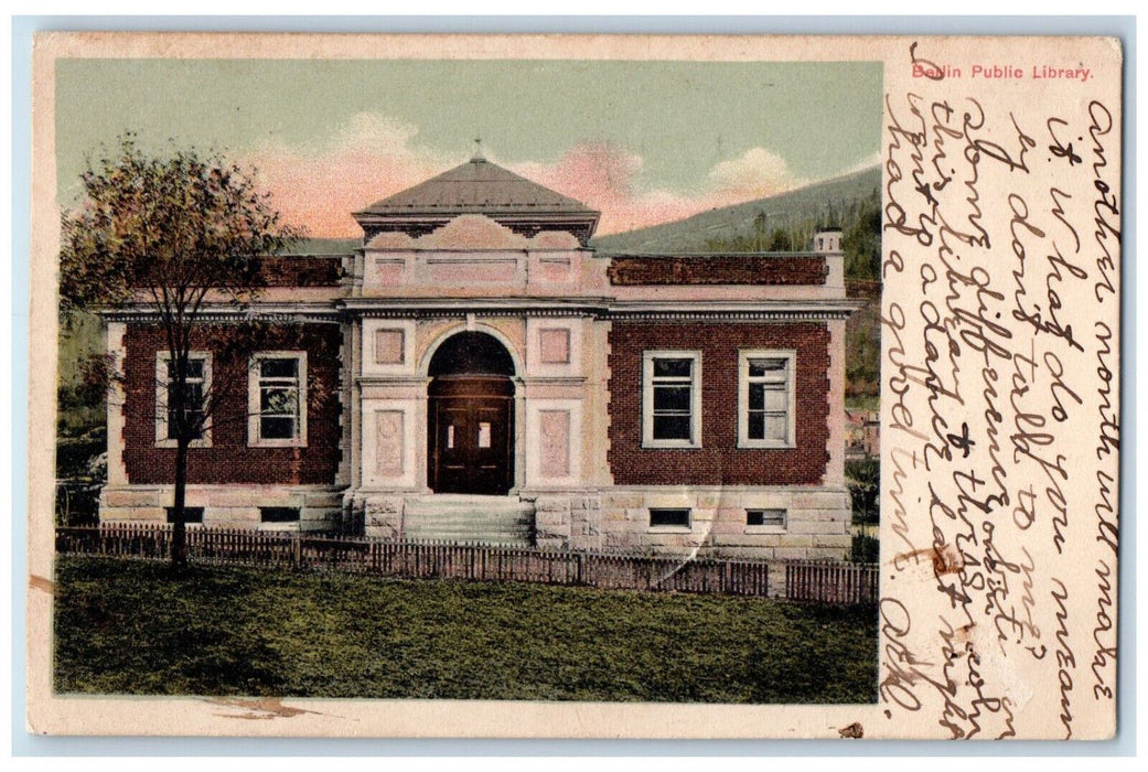 1907 Berlin Public Library Berlin New Hampshire NH Lincoln NH Postcard