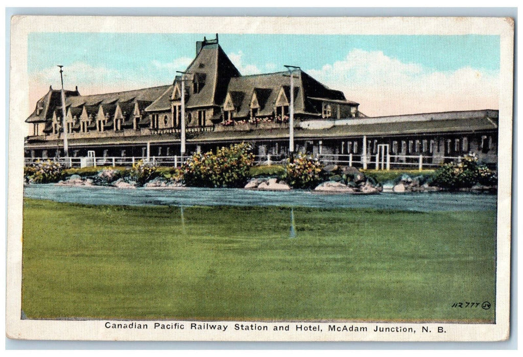 c1920's Canadian National Railway Station Hotel McAdam Junction NB Postcard
