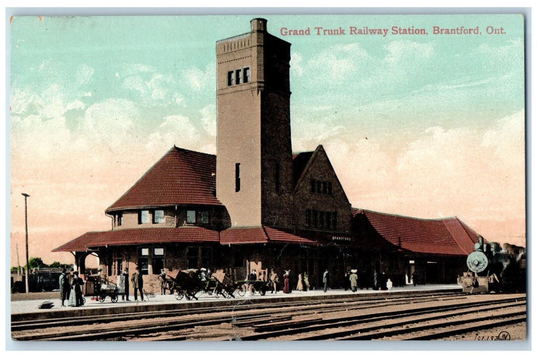 1909 Grand Trunk Railway Station Brantford Ontario Canada Antique Postcard