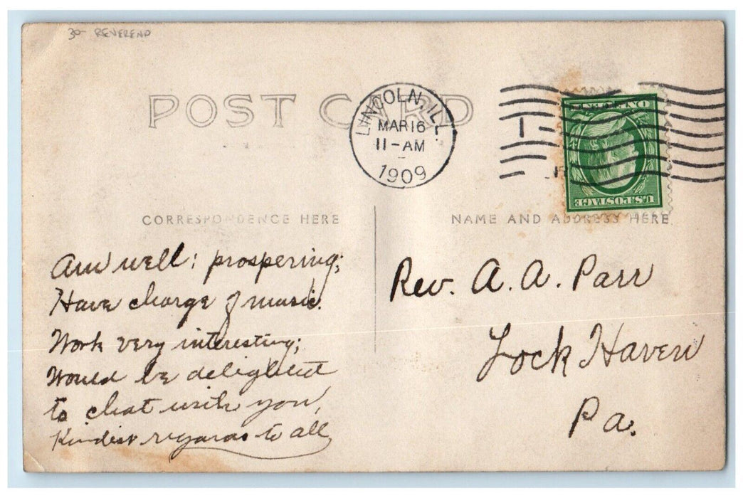 1909 Man Reverend Lincoln Illinois IL Posted Antique RPPC Photo Postcard