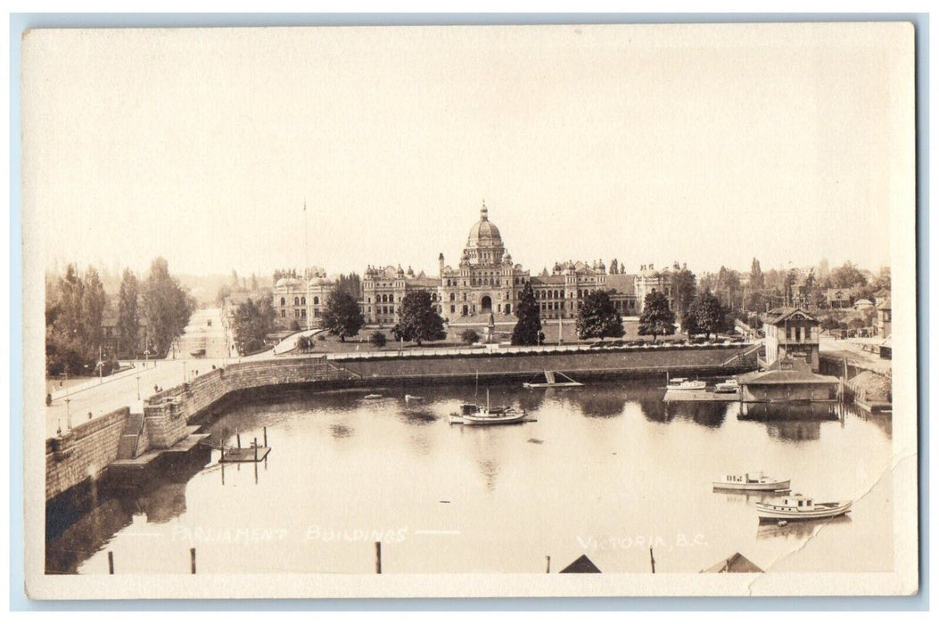 c1930's View Of Parlament Buildings Boat Victoria BC Canada RPPC Photo Postcard