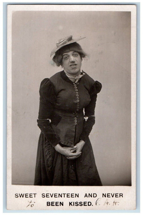 1906 Crossdressing Man Farmer Hat Humor New Durham NJ Posted RPPC Photo Postcard
