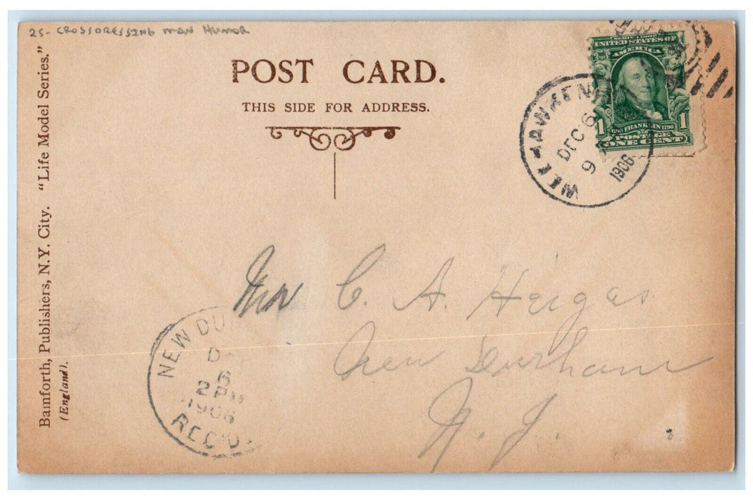 1906 Crossdressing Man Farmer Hat Humor New Durham NJ Posted RPPC Photo Postcard