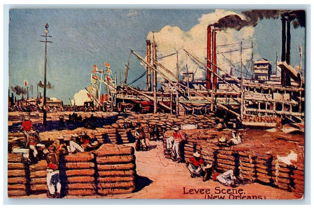 c1910's Levee Scene Steamer Ship Yard New Orleans Louisiana LA Antique Postcard