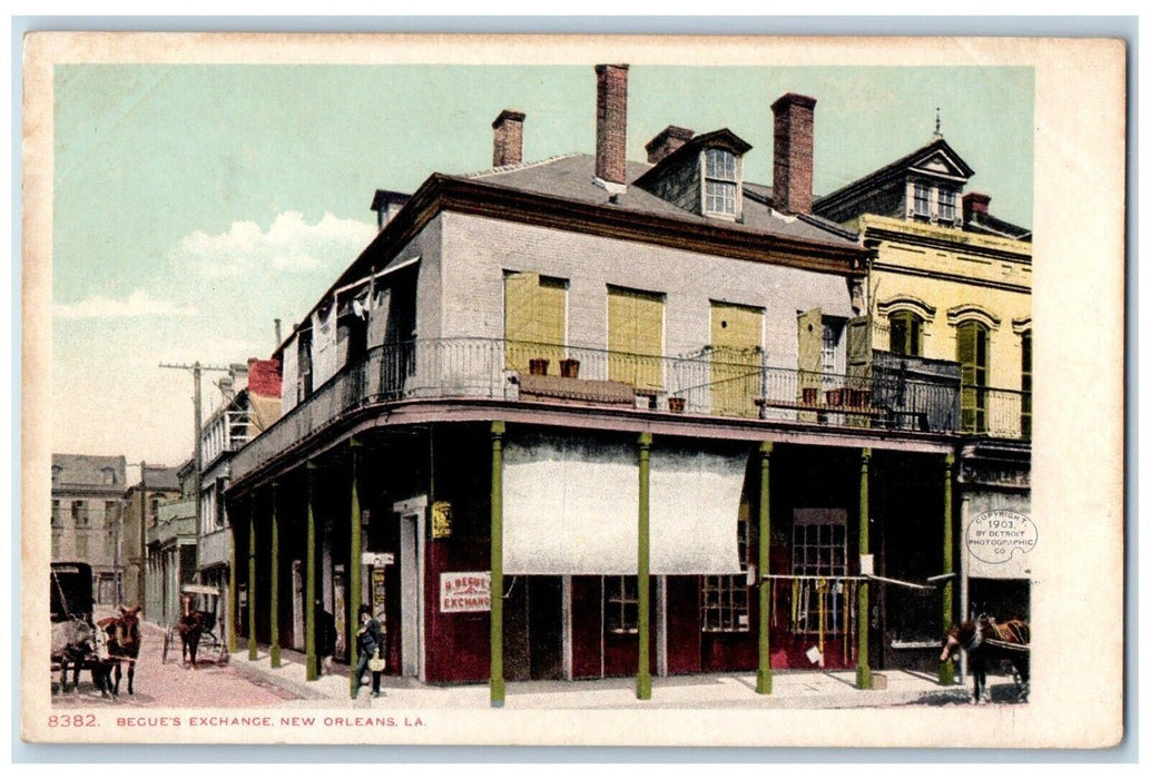 Begue's Exchange Scene Street Horse Carriage New Orleans Louisiana LA Postcard