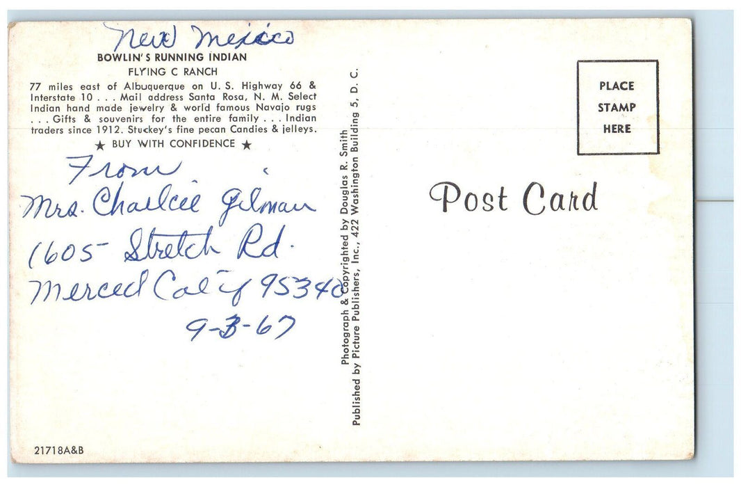 c1960's Bowlin's Running Indian Flying Ranch Santa Rosa NM Unposted Postcard