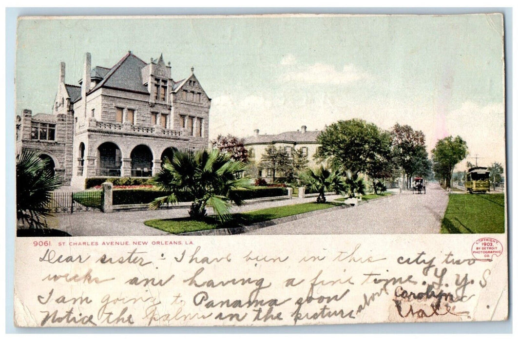 c1905 St. Charles Avenue Trolley New Orleans Louisiana LA Antique Postcard