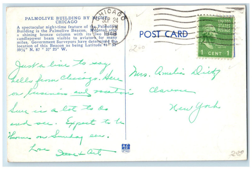1948 Palmolive Building By Moonlight Chicago Illinois IL Vintage Postcard