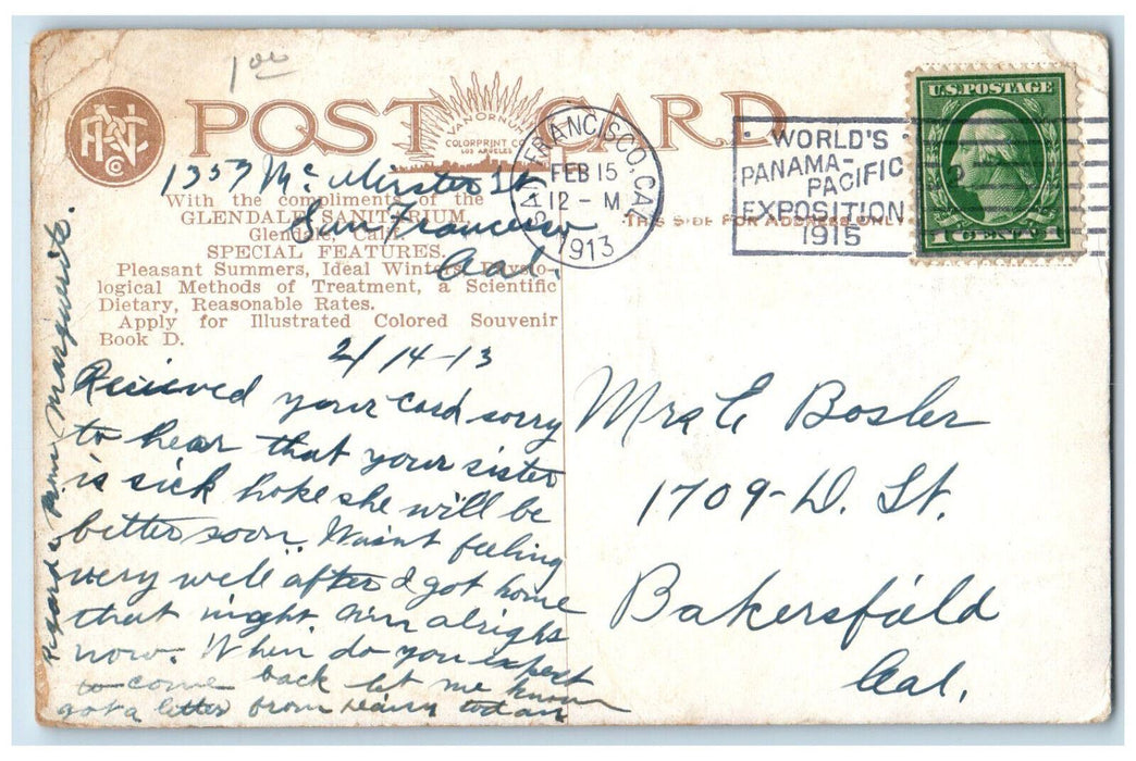 1913 Glendale Sanitarium A Southern California Health Resort Mansion CA Postcard