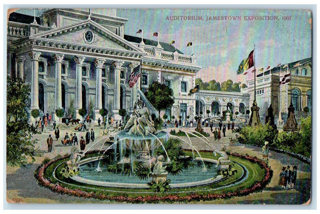 1907 Auditorium Fountain Statue Flag Jamestown Exposition Norfolk VA Postcard