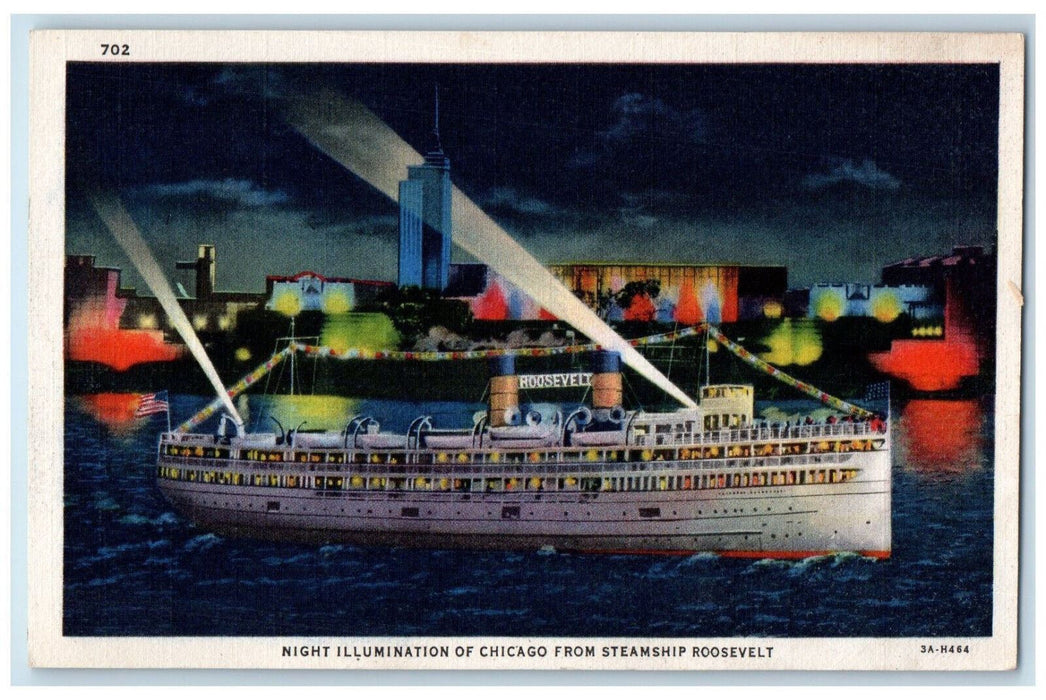 c1940's Night Illumination of Chicago from Steamship Roosevelt IL Postcard