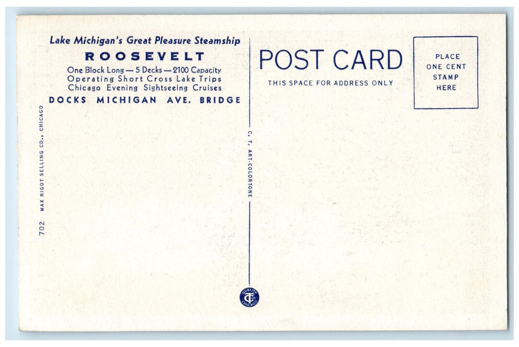 c1940's Night Illumination of Chicago from Steamship Roosevelt IL Postcard